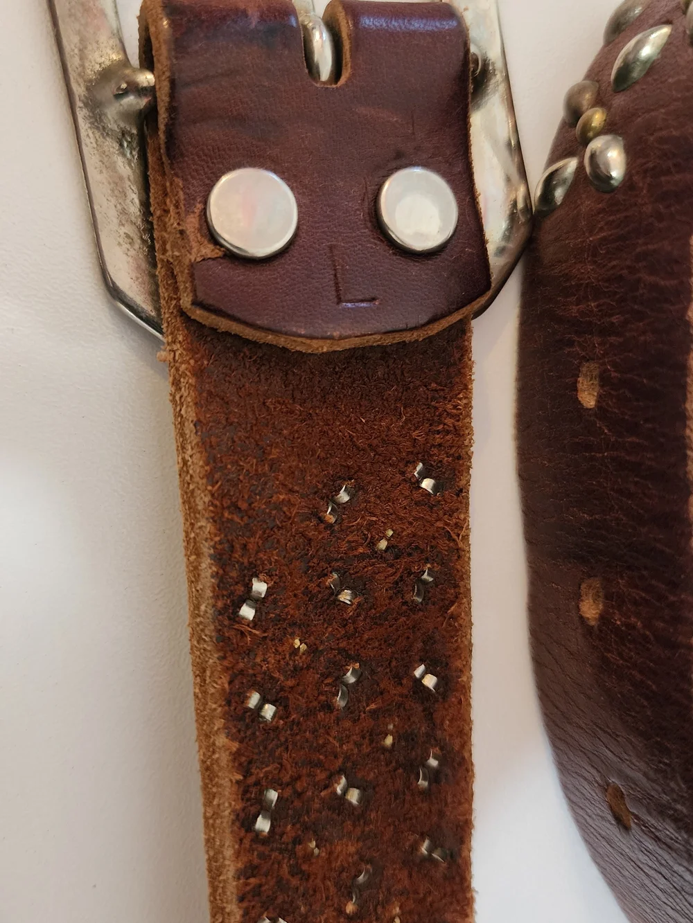 Brown Studded Leather Belt with Floral Metal Accents
